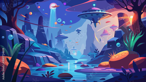 Alien landscape with flying saucer