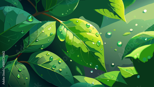 Vibrant green leaves with dew drops
