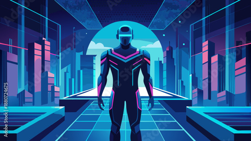 Virtual reality explorer in futuristic cityscape