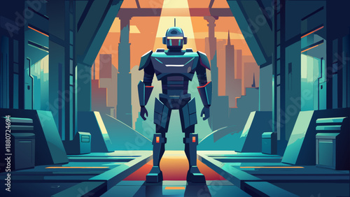 Advanced robot in futuristic hallway