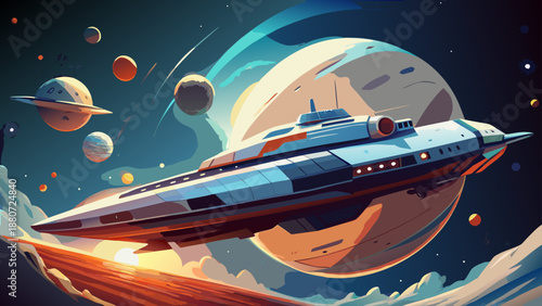 Spaceship exploring a celestial body