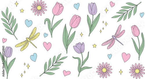 Hand drawn spring flowers and leaves illustration set with tulips daisies dragonflies and hearts, cute floral elements collection for romantic and seasonal designs flat vector style