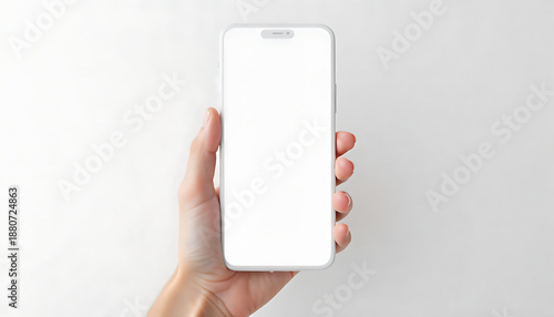 A hand holding a phone with a bright blank screen, photographed from a top-down angle on a white surface, 8K image