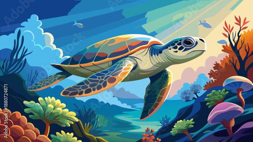 Sea turtle swimming in a vibrant coral reef