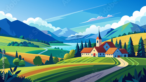 Village nestled in a lush valley