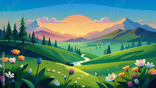 Serene mountain valley at sunset