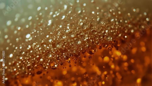 Bubbles Floating in Golden Liquid During a Close-Up View at a Warm Setting