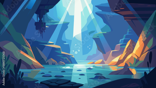 Illuminated cavern with crystal formations