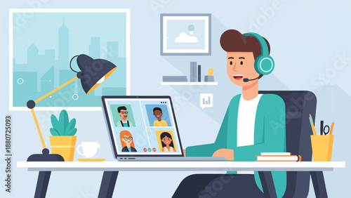 Young man in headphones participating in a virtual video conference call on his laptop from a home office, illustrating remote work and online collaboration.