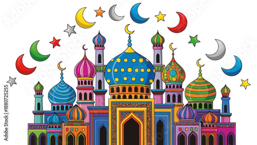 Colorful Mosque Celebration Vector – Vibrant Islamic Architecture with Multicolored Domes, Minarets, Crescent Moons, and Stars for Ramadan, Eid, and Festive Cultural Design Themes