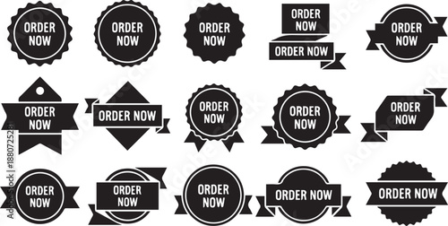 Order Now E-commerce Promotional Labels Vector Set