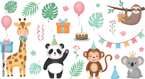 Cute animal birthday party illustration set with jungle animals balloons gifts and decorations, playful celebration collection for kids invitations and nursery designs flat vector style