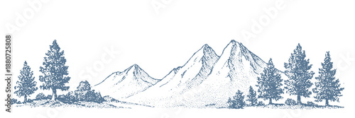 Hand-drawn illustration of a majestic mountain range with pine trees in the foreground.