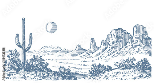 Vintage desert landscape with saguaro cactus and rock formations under a striped moon.