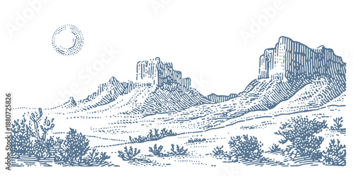 Vintage engraving of a desert landscape with mesas and sparse vegetation under a dotted sun.