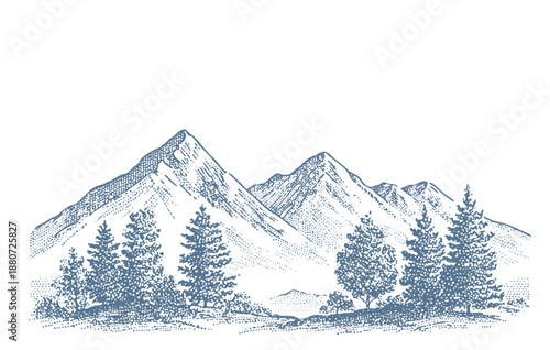 Vintage illustration of majestic mountain peaks with evergreen trees in the foreground.