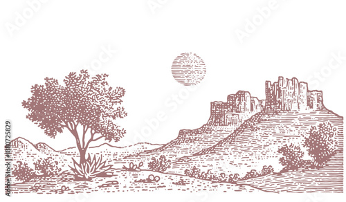 Vintage desert landscape with mesas, a lone tree, and a full moon in a woodcut style.