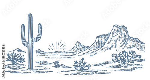 Vintage desert landscape with saguaro cactus and mountains at sunrise.