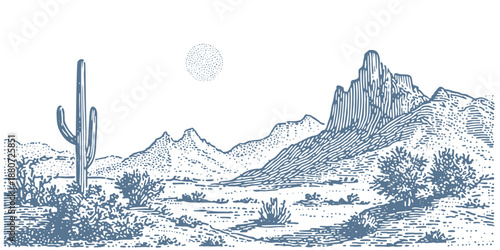 Vintage desert landscape with saguaro cactus and mountains under a dotted sun.