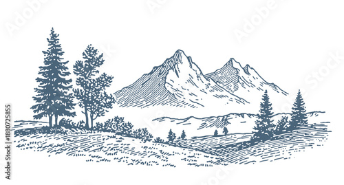 Vintage line art landscape featuring majestic mountains and evergreen trees in a serene natural setting.