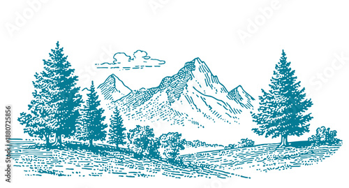 Vintage line art landscape featuring majestic mountains and evergreen trees