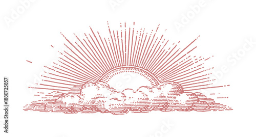 Vintage sunburst rising over clouds, a classic engraved illustration symbolizing hope and new beginnings.