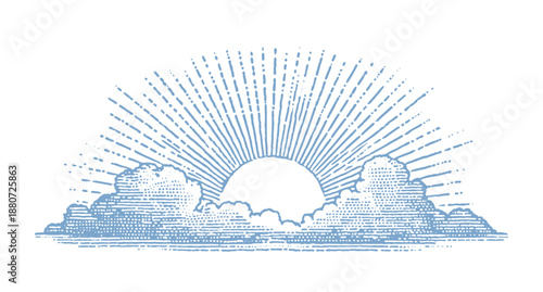 Vintage sunburst rising over clouds, engraved style illustration.