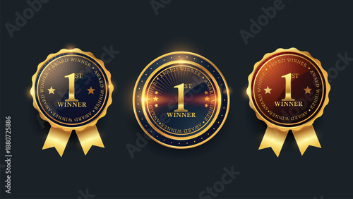 Three luxury golden award winner seals with ribbons and glowing effects