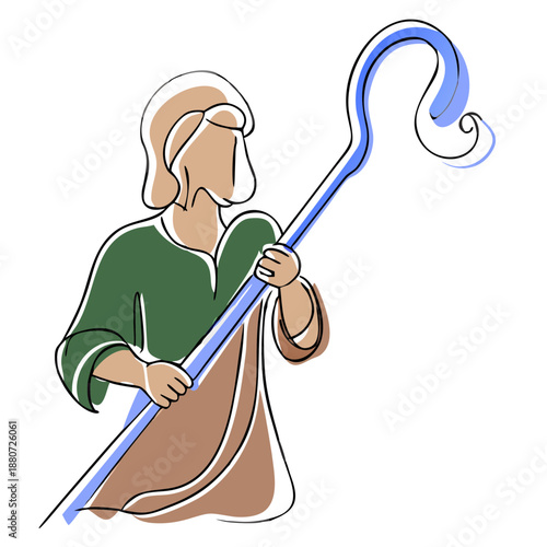 Shepherd holding a staff in a minimalist line art style  