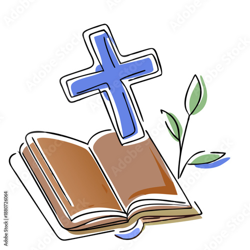 Open Bible with cross and green plant illustration  