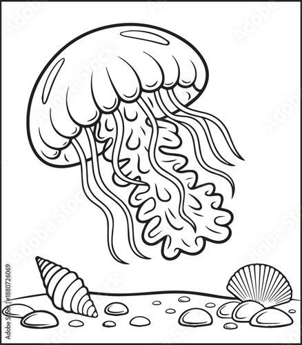 Cute jellyfish in ocean underwater scenery black line art vector for kids coloring page