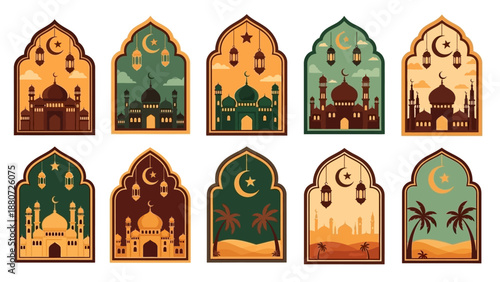 Islamic Window Illustrations Vector – Arched Frames Featuring Mosques, Lanterns, Crescent Moons, Stars, and Palm Trees in Warm Desert Tones for Ramadan, Eid, and Cultural Design