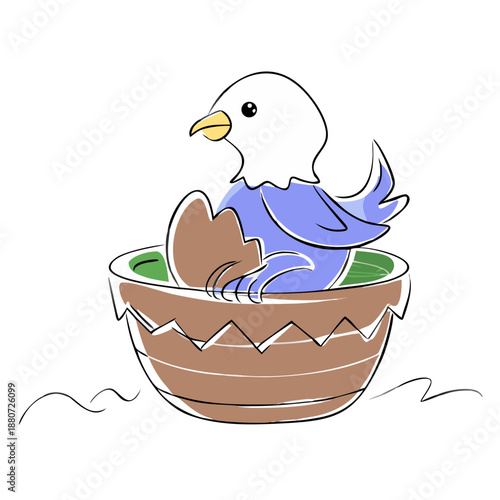 Cartoon bird sitting in a nest with an eggshell on spring background  