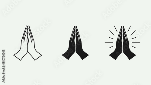 Prayer Hands Silhouette Vector – Three Stylized Icons Showing Line Art, Solid Black, and Radiating Gesture for Spiritual, Greeting, and Minimalist Design Themes