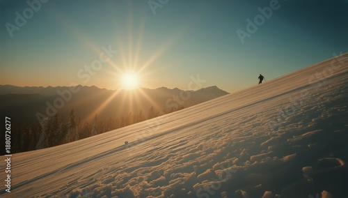 Sunrise Over Snowy Mountains With a Lone Skier Gliding Through Fresh Snow