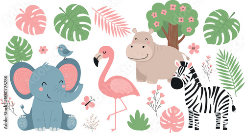 Cute safari animals illustration set with elephant flamingo hippo and zebra, pastel jungle leaves and flowers collection for kids nursery and playful nature designs