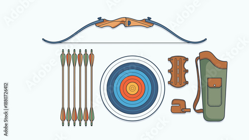 Archery equipment set vector flat lay. Bow arrows target quiver arm guard. Knolling style illustration isolated on white. Sport competition accuracy concept. Hobby shooting game.