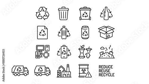 Recycling and waste management line icons set. Eco friendly ecology symbols. Garbage trash sustainability vector collection. Environment protection. Reduce reuse recycle pictogram.