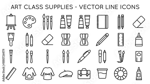 Art class supplies vector line icons set. Painting drawing tools. School stationery. Artist equipment. Easel palette brushes pencils paints. Minimalistic outline. Sketch design.