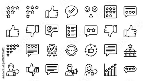 Customer feedback review line icons set. Satisfaction rating stars. Thumbs up. Testimonial chat bubble. Survey evaluation. Business quality service. Minimal outline style vector graphic
