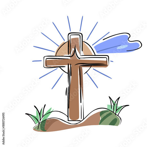 Wooden cross with sun rays and grass on a hillside  