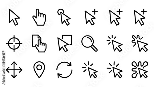 Mouse cursor and pointer line icons set. Computer interface click symbols. Web arrow drag signs. Hand point graphic. Digital navigation. UI UX design element. Internet technology.