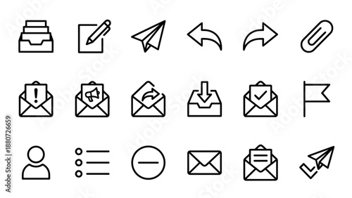 Email newsletter line icons set. Communication symbols. Inbox envelope mail message. Web contact outline. Send attachment paper plane. Marketing megaphone business correspondence.