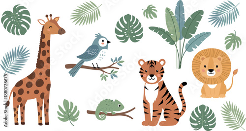 Cute jungle animals illustration set with giraffe lion tiger bird and chameleon, tropical leaves collection for kids education and nature themed designs flat vector style