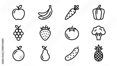 Fruit and vegetable line icons set. Minimalist vector food symbols. Healthy organic nutrition. Fresh farm produce. Outline style. Apple banana carrot pepper. Modern pictograms