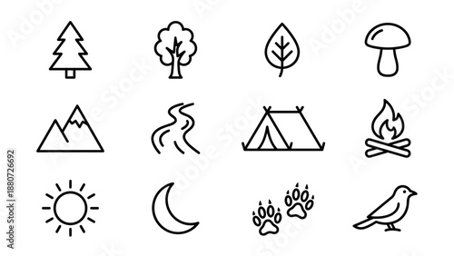 Set of 12 nature and camping line icons. Forest and outdoor symbols in minimalist vector style. Tree mountain sun moon tent fire river leaf mushroom. Thin outline signs for ui design.