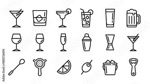 Bar cocktail icons set. Alcohol drink glassware. Martini wine beer mug. Bartender tools shaker. Minimalist line art. Vector illustration. Restaurant menu. Nightlife party beverage.
