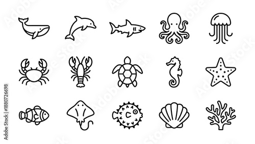 Marine life line icons set. Ocean animals vector. Stingray, lobster. Whale, dolphin, shark, octopus, jellyfish, crab, turtle, seahorse, starfish, shell. Simple underwater symbols.
