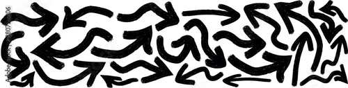 Arrow dirty vector. Arrow grunge vector. Arrow silhouette vector. Various bold brush drawn curved arrows. Collection doodle marker thick arrows in different directions. Curved and wavy brush strokes.
