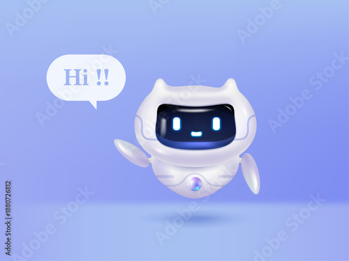 3D friendly chatbot from smartphone with speech bubbles, symbolizing AI communication and virtual support. Concept of AI and machine learning. 3D Rendering. Vector illustration